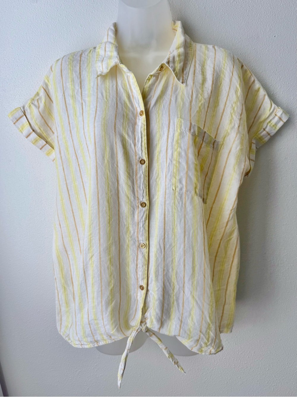 Ellen Tracy 100% Linen Striped Tie Front Shirt Large Yellow Tan